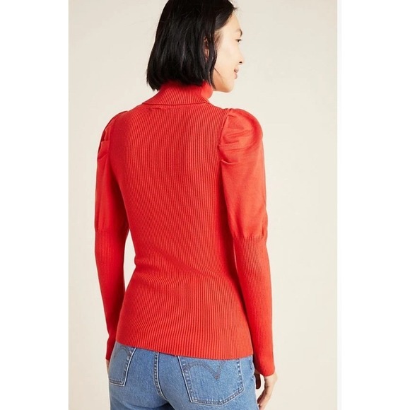 Anthropologie Red Ribbed Turtleneck Puff Shoulder Sweater Medium Long Sleeve - Picture 3 of 13